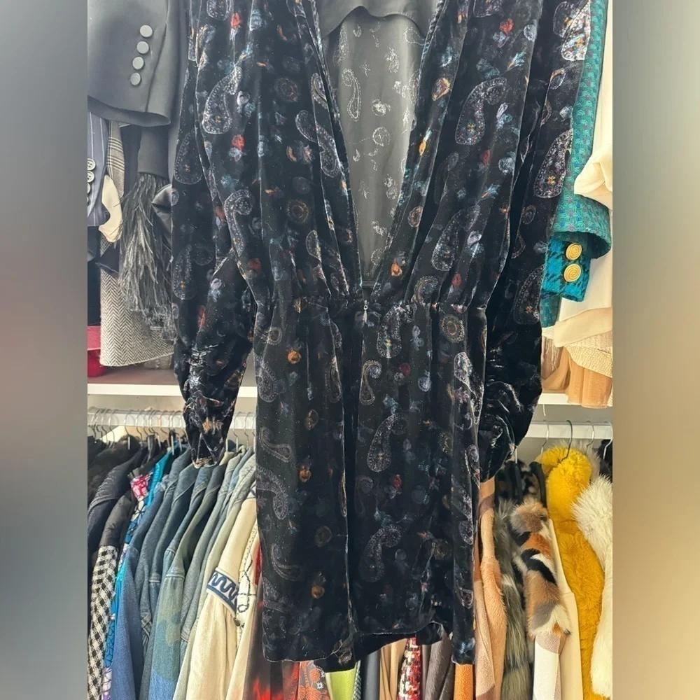 Zara- Black Velvet Paisley Longsleeve Mini Dress